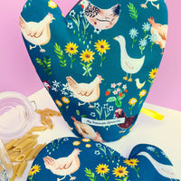 Chickens and Ducks, Strawberries and Flowers All Over these Gorgeous Oven Mitts