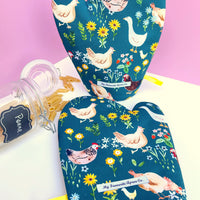 Chickens and Ducks, Strawberries and Flowers All Over these Gorgeous Oven Mitts