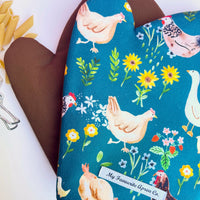 Chickens and Ducks, Strawberries and Flowers All Over these Gorgeous Oven Mitts