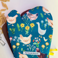 Chickens and Ducks, Strawberries and Flowers All Over these Gorgeous Oven Mitts