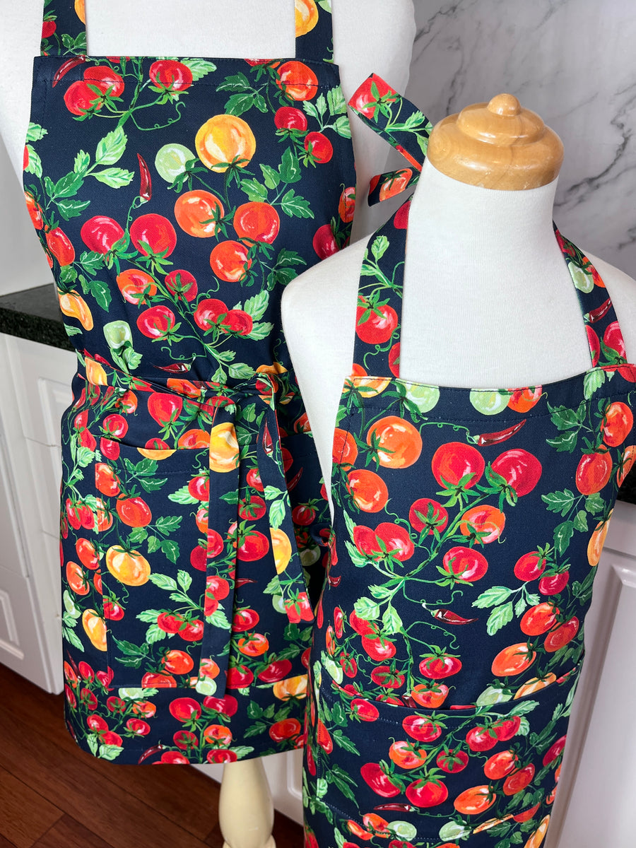 A Bold, Blue, Tomato Covered Apron - Ideal for Any Teen on Petite Adult Foodie
