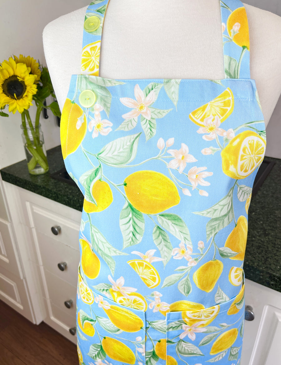 Beautiful Blue and Yellow Lemon Apron, Ideal for Any Foodie