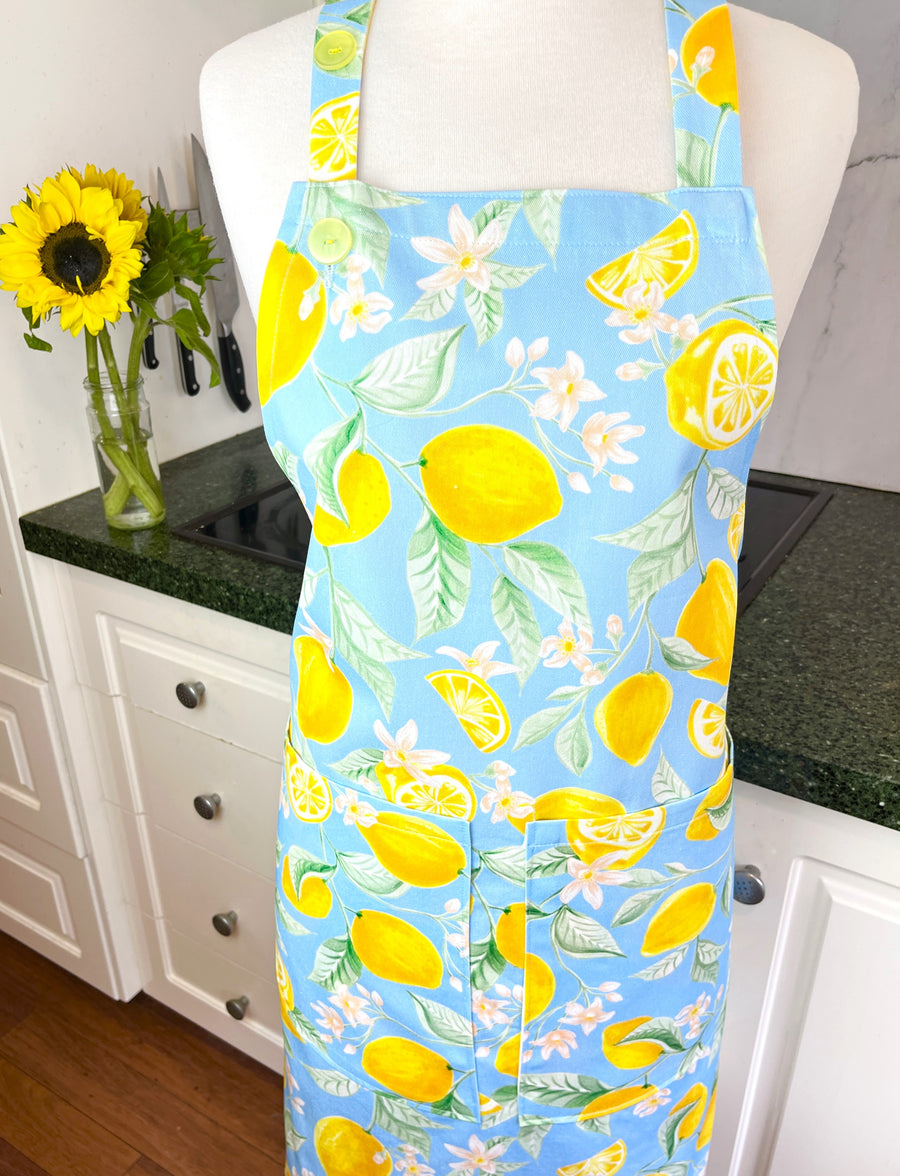 Beautiful Blue and Yellow Lemon Apron, Ideal for Any Foodie