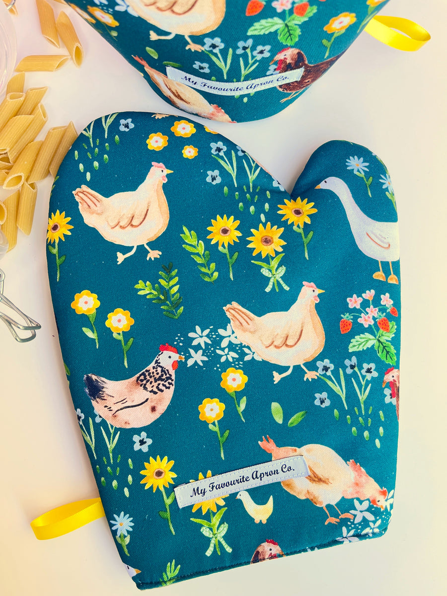 Chickens and Ducks, Strawberries and Flowers All Over these Gorgeous Oven Mitts