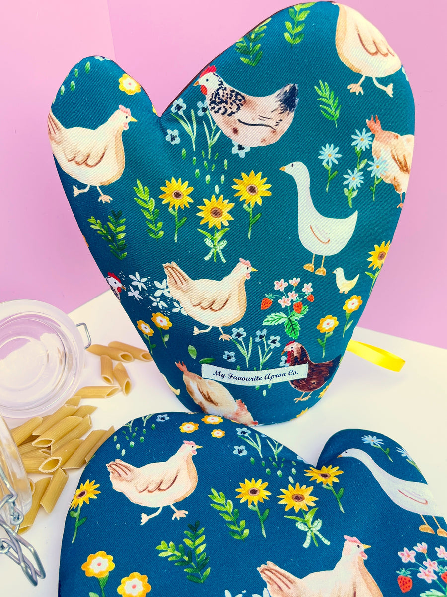 Chickens and Ducks, Strawberries and Flowers All Over these Gorgeous Oven Mitts