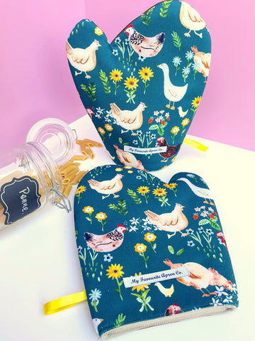 Chickens and Ducks, Strawberries and Flowers All Over these Gorgeous Oven Mitts