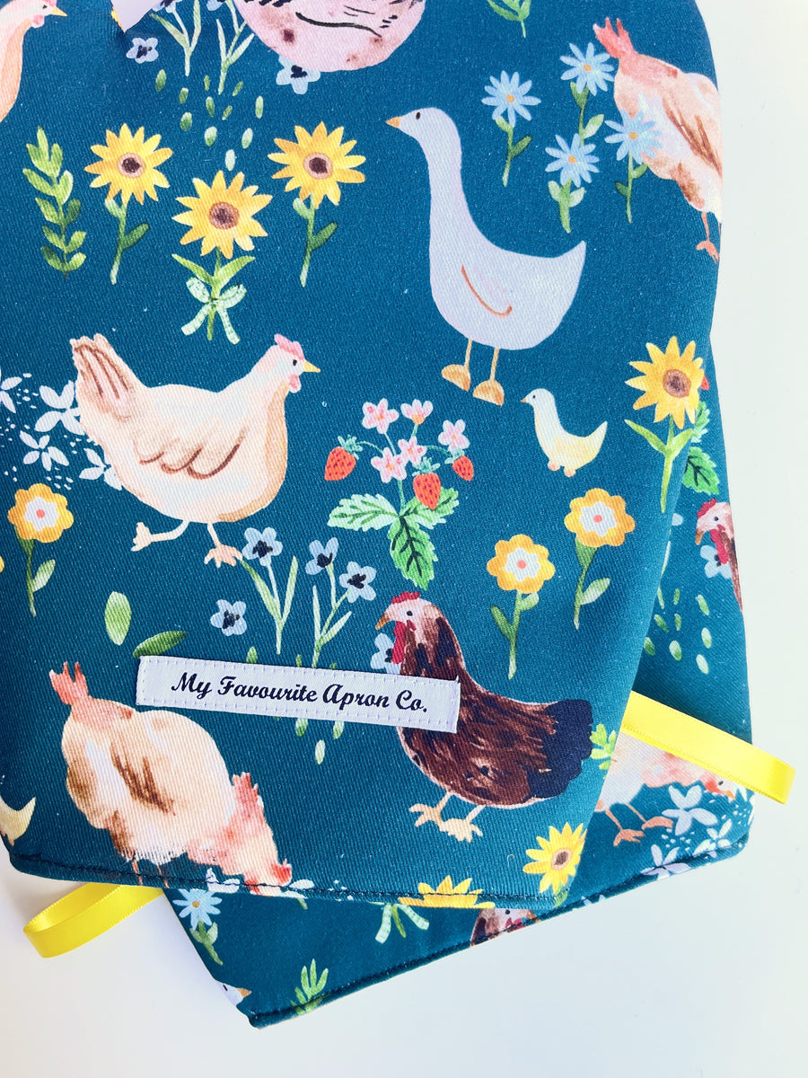 Chickens and Ducks, Strawberries and Flowers All Over these Gorgeous Oven Mitts
