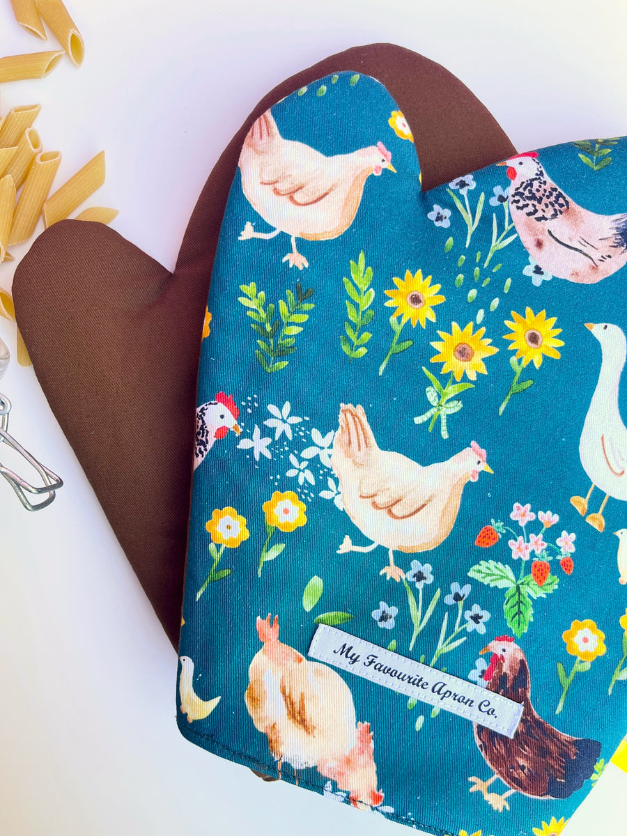 Chickens and Ducks, Strawberries and Flowers All Over these Gorgeous Oven Mitts