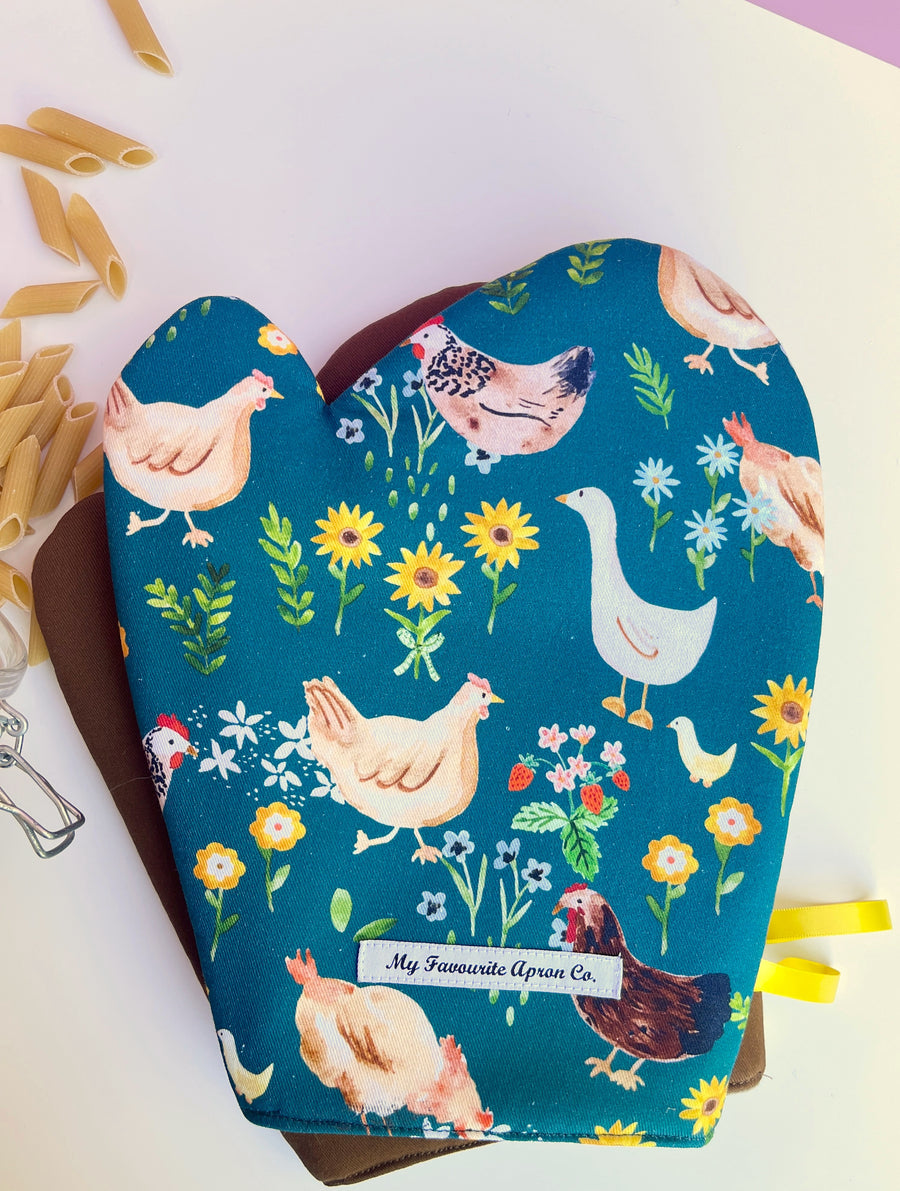 Chickens and Ducks, Strawberries and Flowers All Over these Gorgeous Oven Mitts