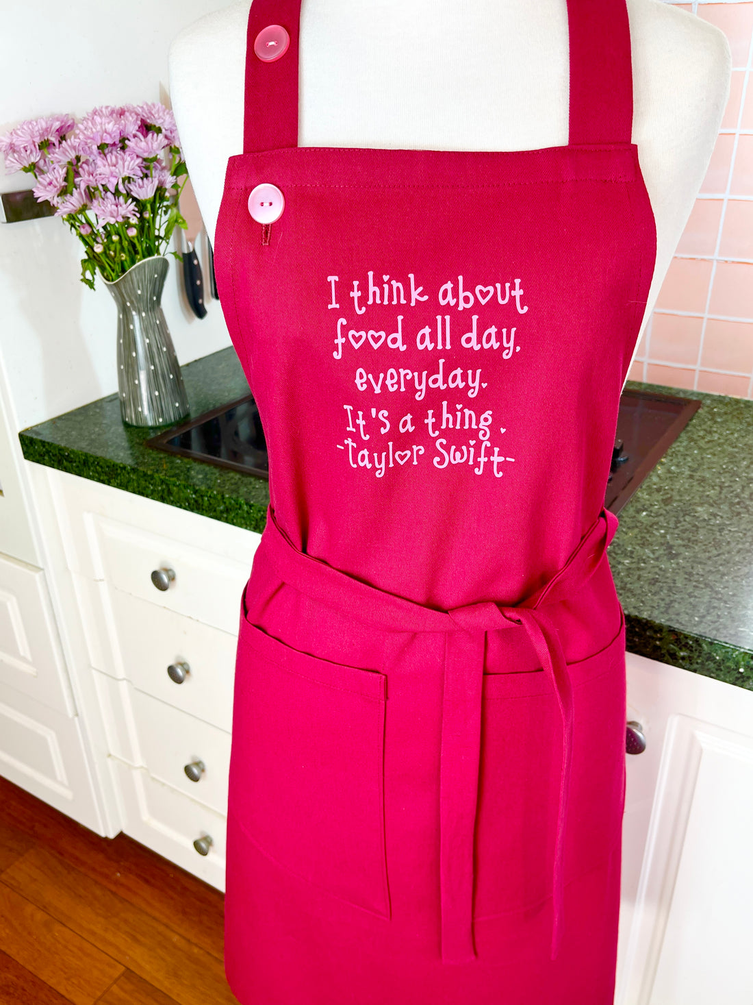 A Beautiful Dark Pink Apron with a Taylor Swift Twist