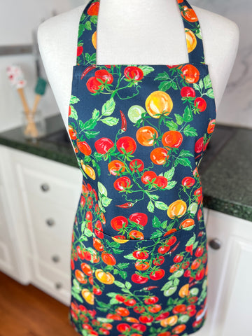 A Bold, Blue, Tomato Covered Apron - Ideal for Any Teen on Petite Adult Foodie