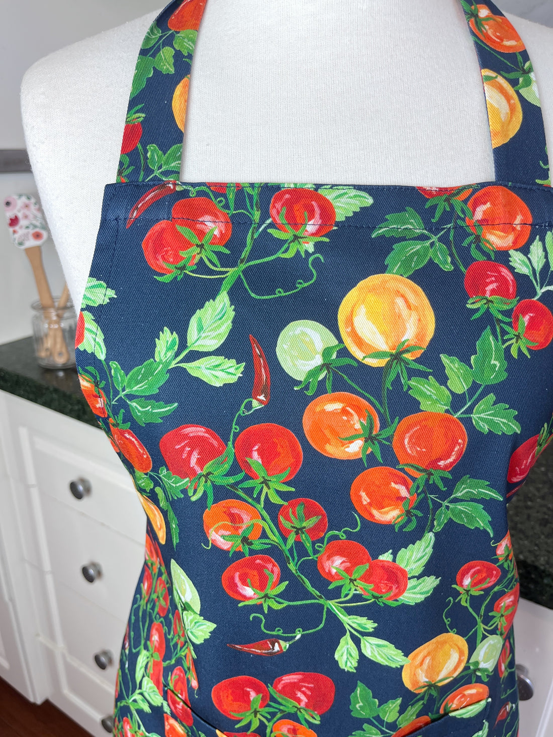 A Bold, Blue, Tomato Covered Apron - Ideal for Any Teen on Petite Adult Foodie