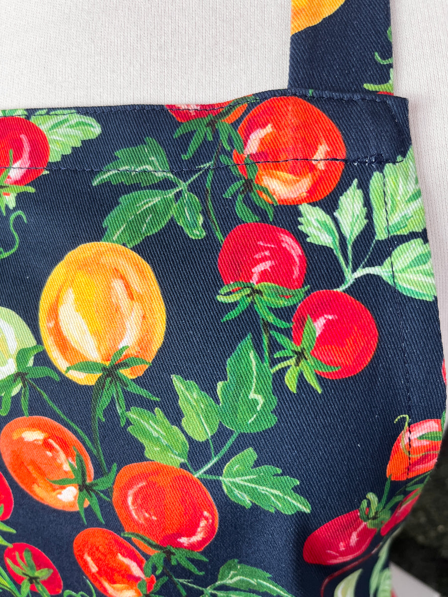 A Bold, Blue, Tomato Covered Apron - Ideal for Any Teen on Petite Adult Foodie
