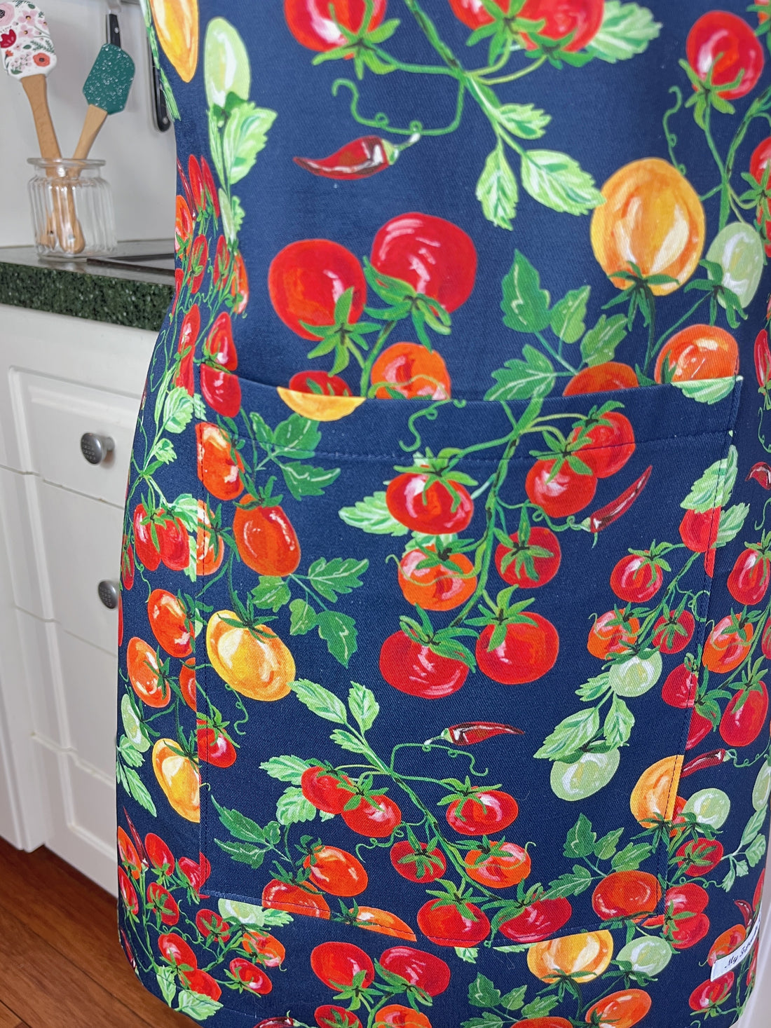 A Bold, Blue, Tomato Covered Apron - Ideal for Any Teen on Petite Adult Foodie