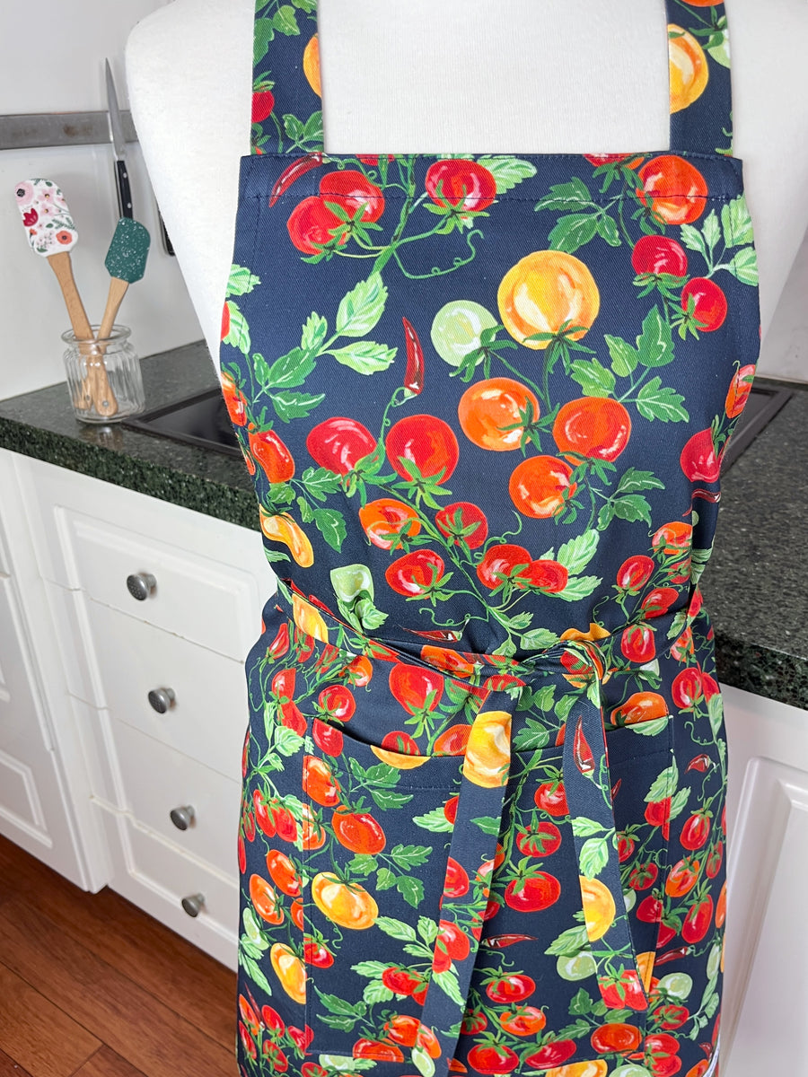 A Bold, Blue, Tomato Covered Apron - Ideal for Any Teen on Petite Adult Foodie