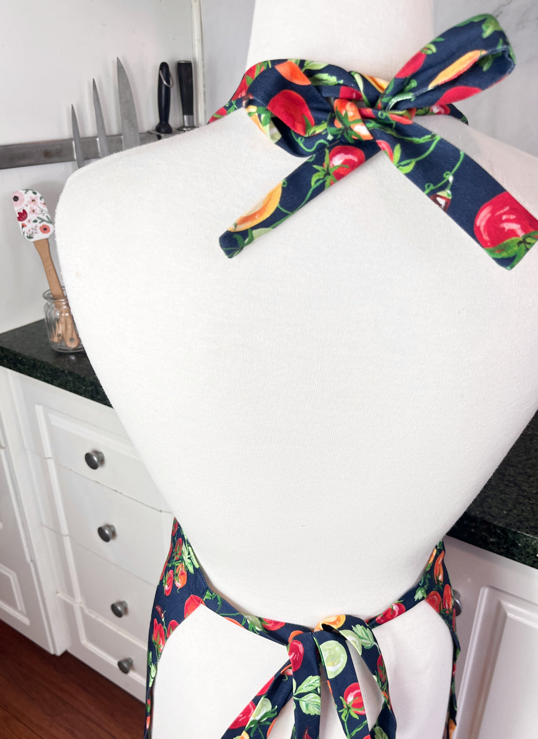 A Bold, Blue, Tomato Covered Apron - Ideal for Any Teen on Petite Adult Foodie