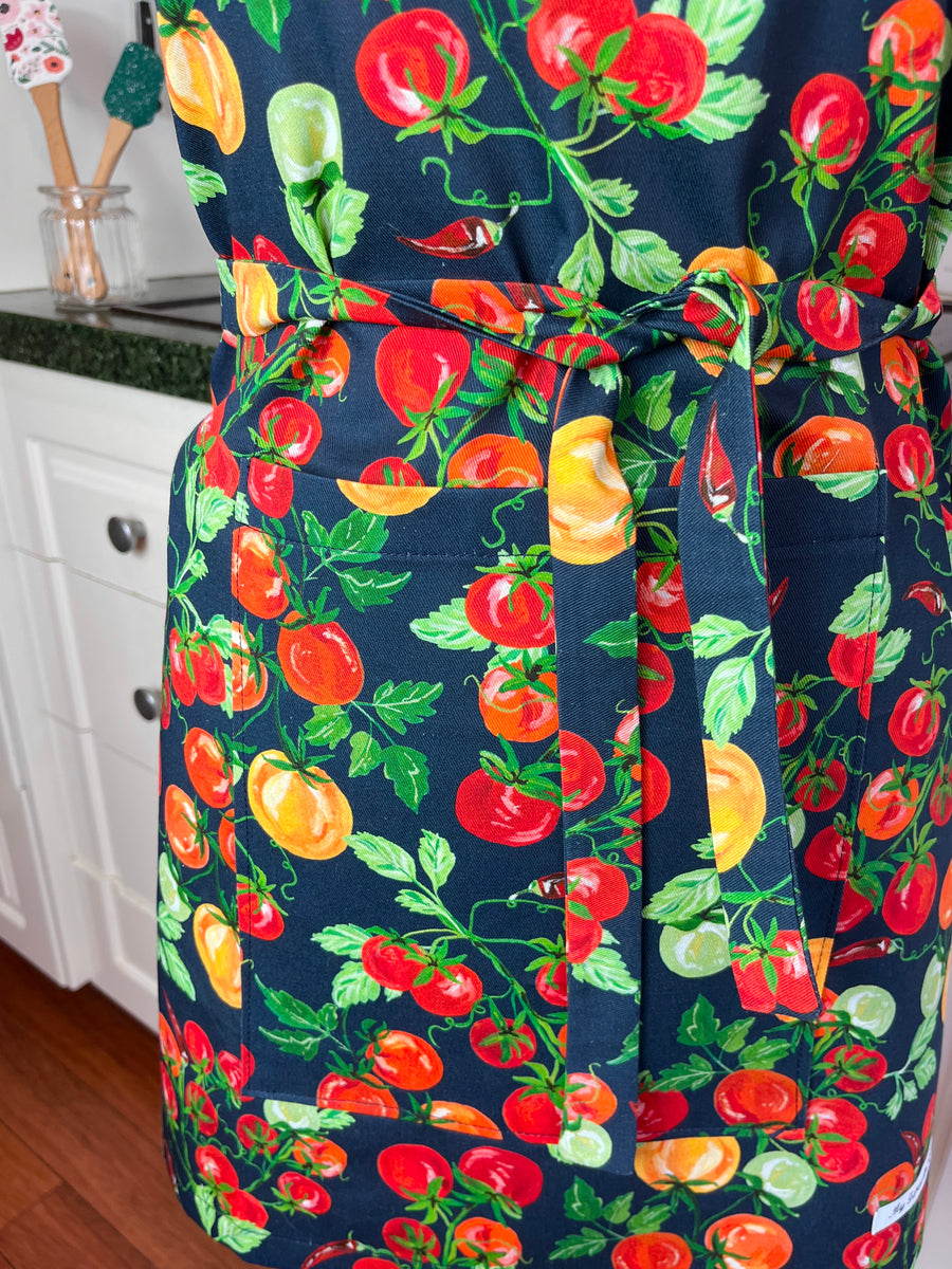 A Bold, Blue, Tomato Covered Apron - Ideal for Any Teen on Petite Adult Foodie