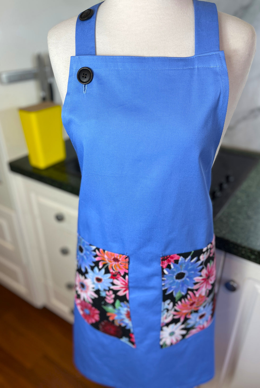 Beautiful Blue Apron with Fabulous Floral Pockets