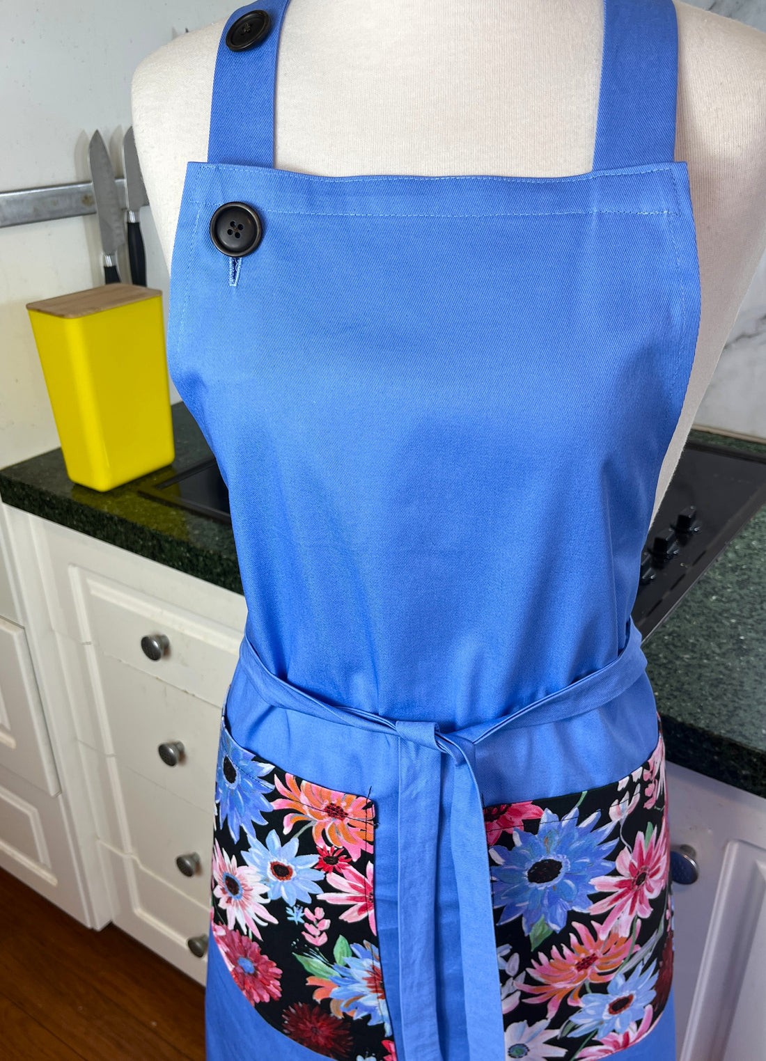 Beautiful Blue Apron with Fabulous Floral Pockets