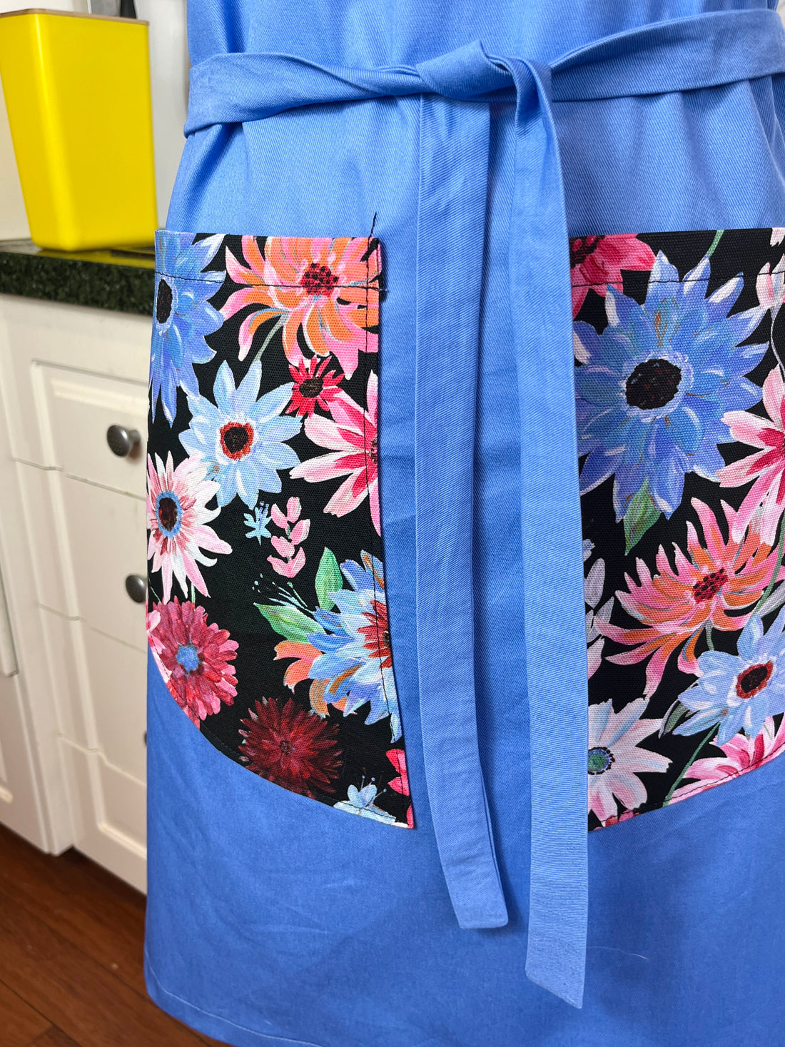 Beautiful Blue Apron with Fabulous Floral Pockets