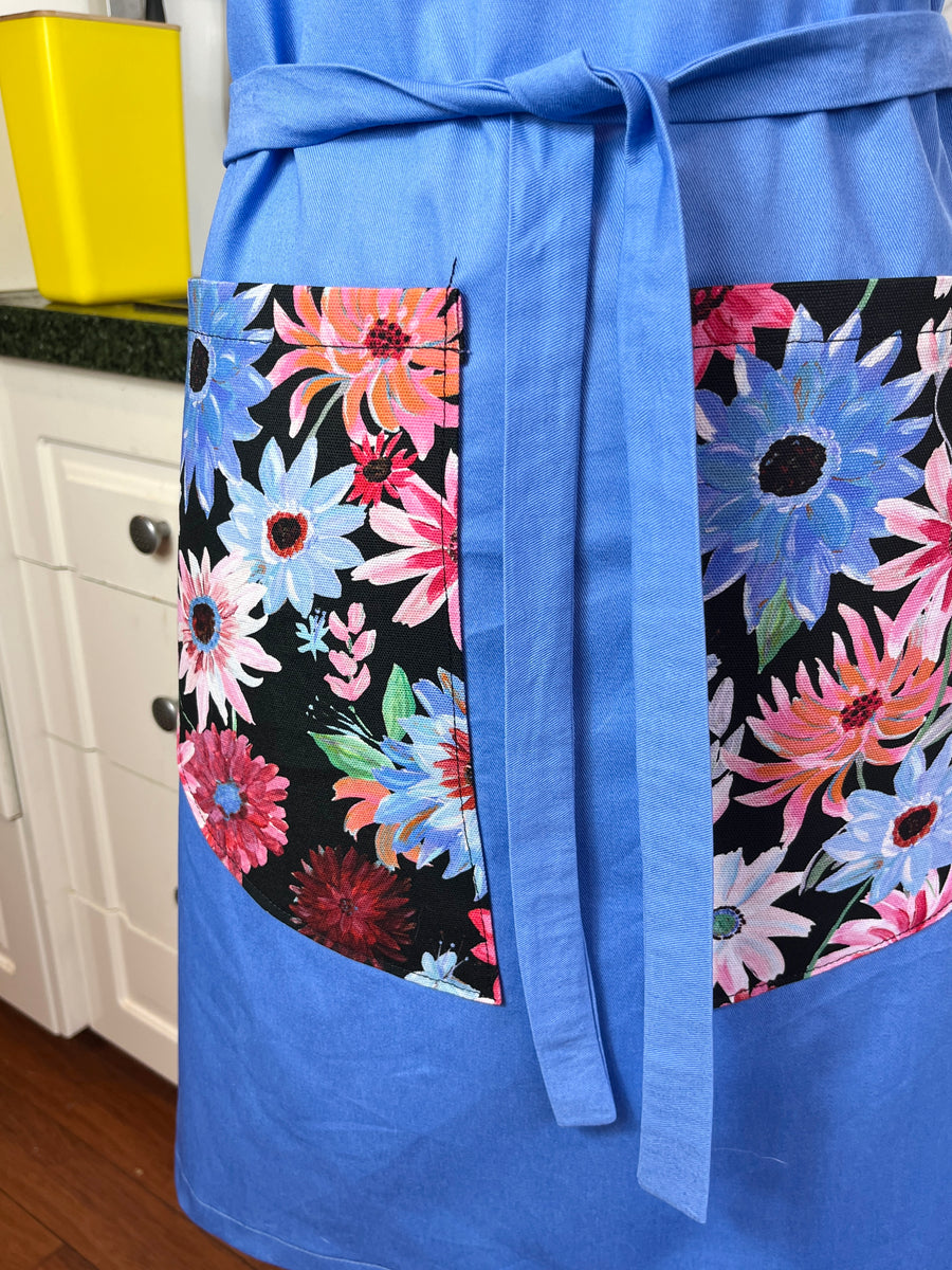 Beautiful Blue Apron with Fabulous Floral Pockets