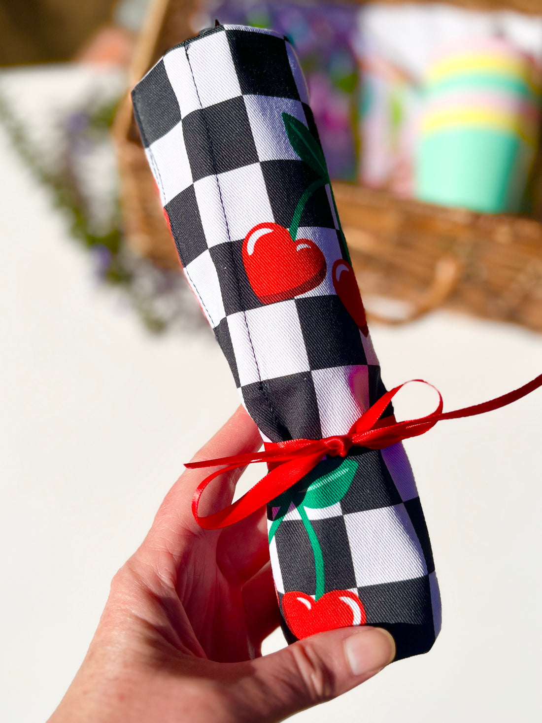 Cherry Cutlery, Make-Up or Craft Roll - Perfect for Camping, Shopping, Travelling