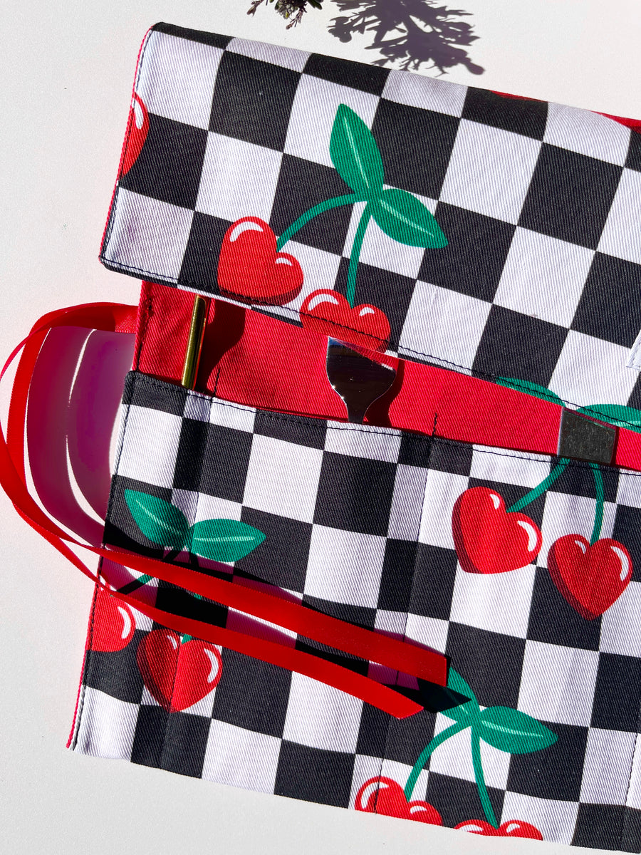 Cherry Cutlery, Make-Up or Craft Roll - Perfect for Camping, Shopping, Travelling