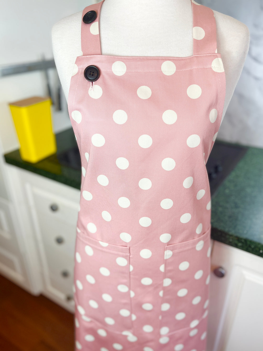 This Dusky Pink Apron is Adorned with Bold Beige Polka Dots