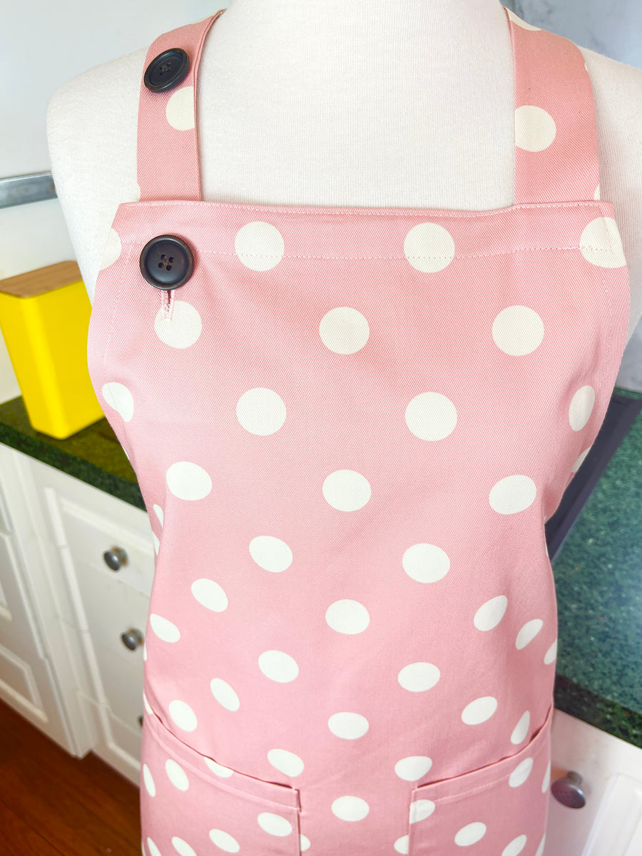 This Dusky Pink Apron is Adorned with Bold Beige Polka Dots