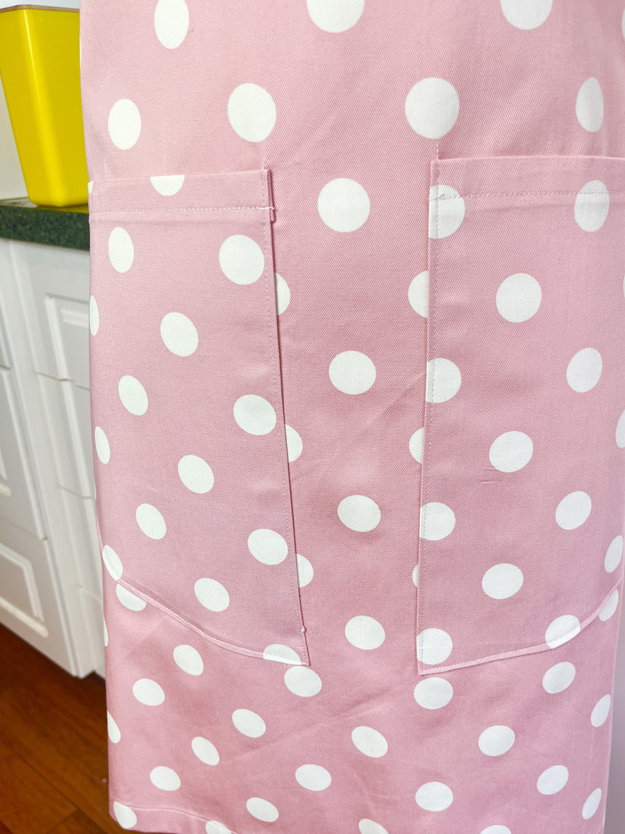 This Dusky Pink Apron is Adorned with Bold Beige Polka Dots