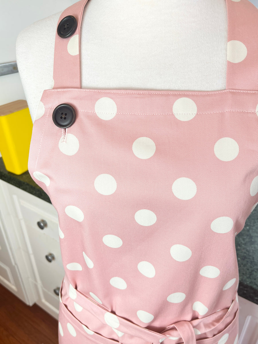 This Dusky Pink Apron is Adorned with Bold Beige Polka Dots