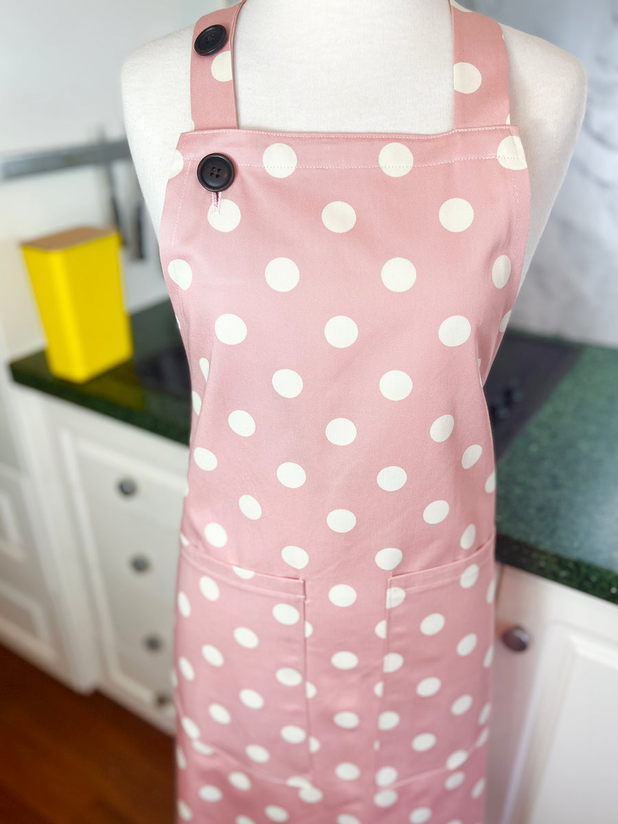 This Dusky Pink Apron is Adorned with Bold Beige Polka Dots