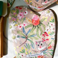 Adorable Possums and Colourful Australian Floral Oven Mitt Set