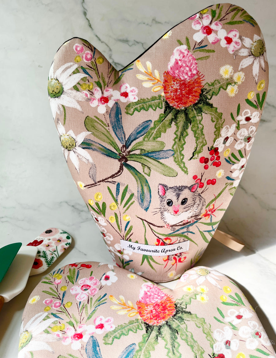 Adorable Possums and Colourful Australian Floral Oven Mitt Set