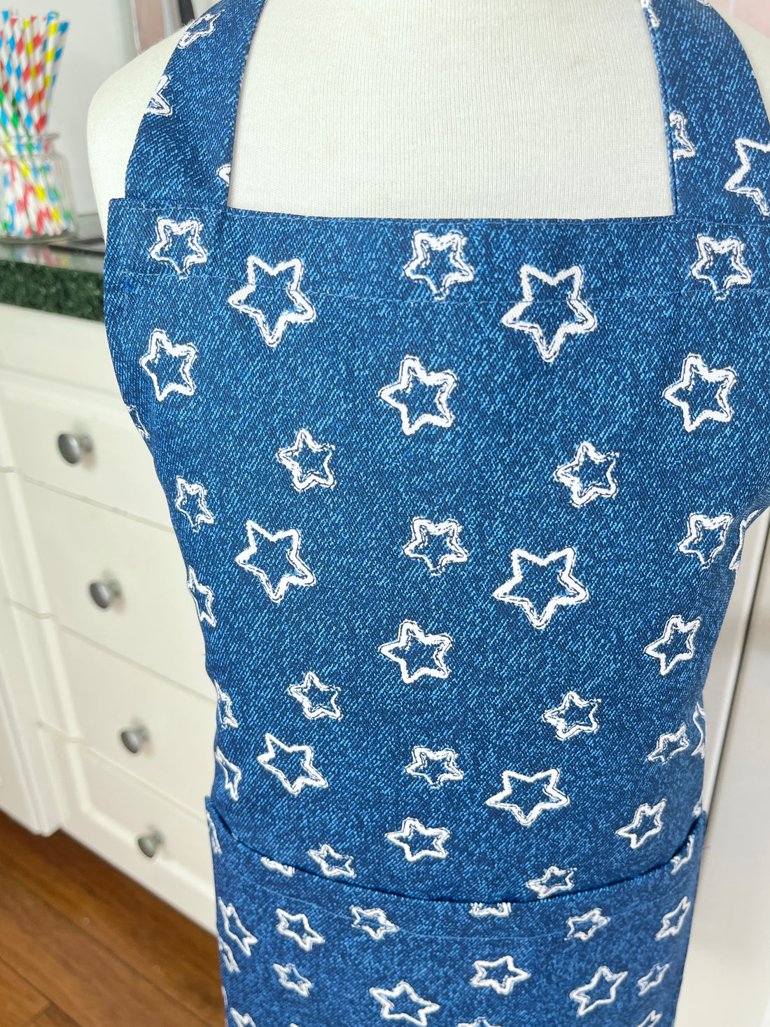 A Denim Blue and Starry Apron for Your Favourite School Aged Kiddo