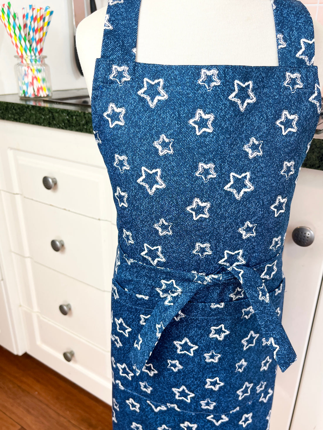 A Denim Blue and Starry Apron for Your Favourite School Aged Kiddo