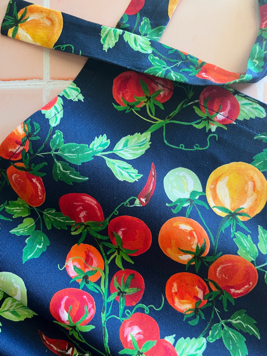 A Bold, Blue, Tomato Covered Apron - Ideal for Any Teen on Petite Adult Foodie